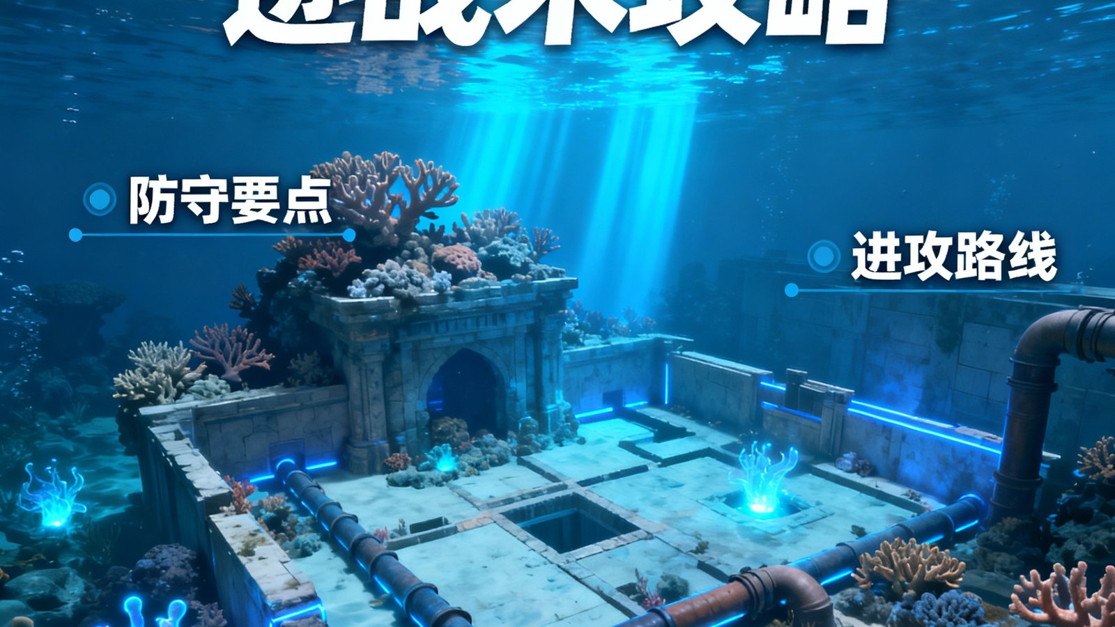 Valorant新地图深海遗迹的战术攻略封面，蓝色调水下场景