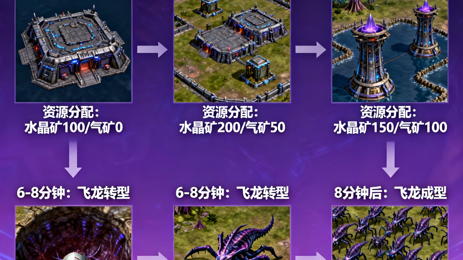 星际争霸2虫族运营流程图，展示从开局孵化池到中期飞龙转型的资源分配时间线